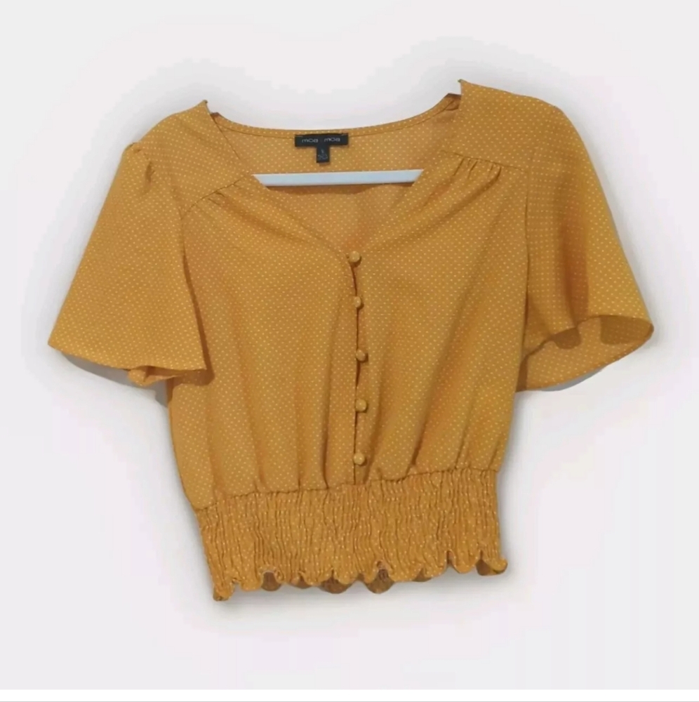 Moa Moa Cap Sleeve Career Top Size small Yellow White Polka Dots